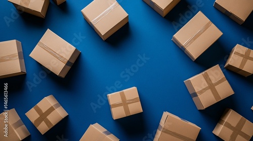 Multiple cardboard boxes on a blue background, concept of shipping and logistics
