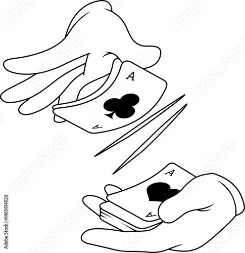 Black and white vector drawing of gloved hands playing cards. Classic style, perfect for board games, branding, or packaging.