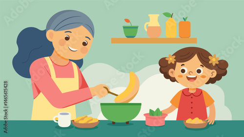 A little girl excitedly helps her grandmother mash the boiled plantains her small hands eagerly mixing in es and vegetables.. Vector illustration