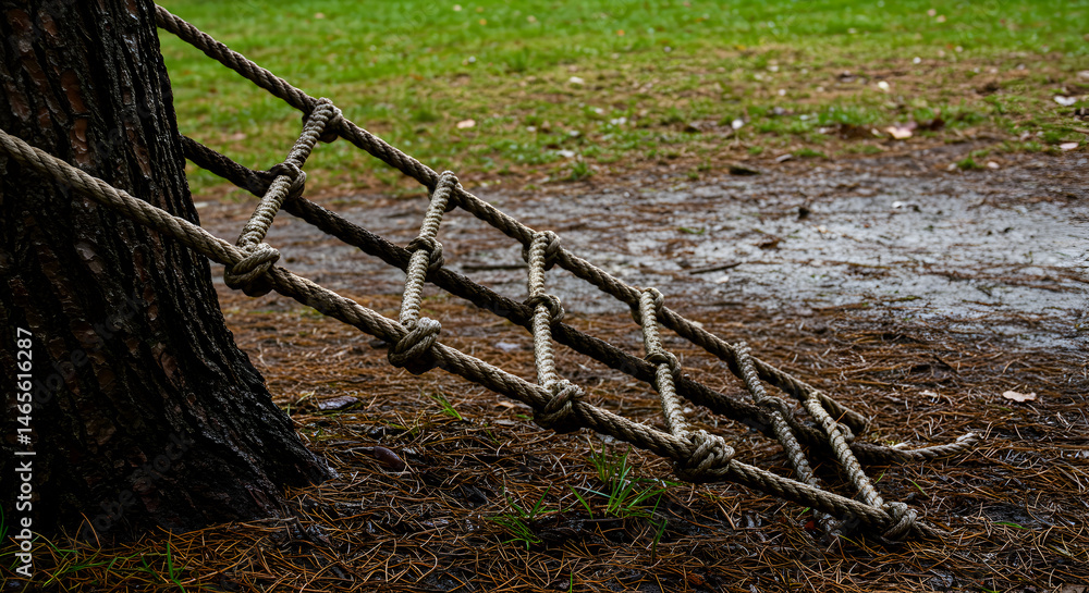 Fototapeta premium Knotted Rope Ladder Against A Tree In A Lush Outdoor Environment
