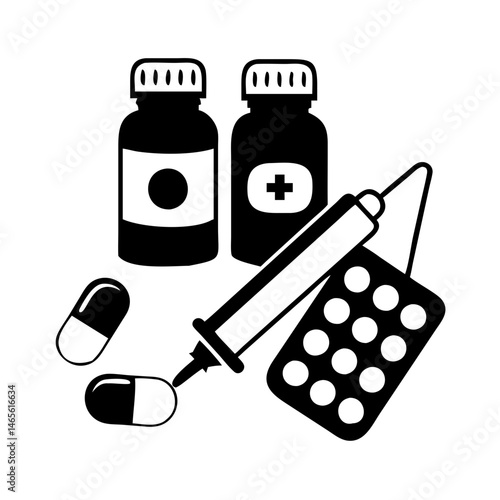 Black and white drawing showing medical supplies with tablets and bottles