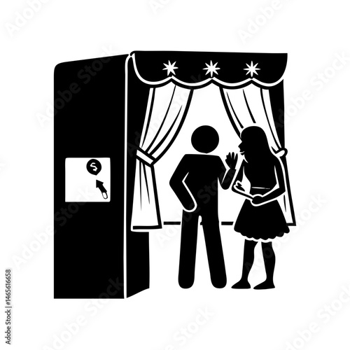 Black and white illustration of a couple using a photo booth machine