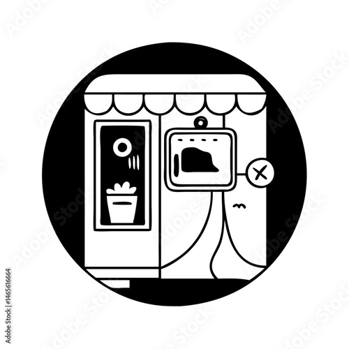 A closed business with a plant in the window in monochrome format