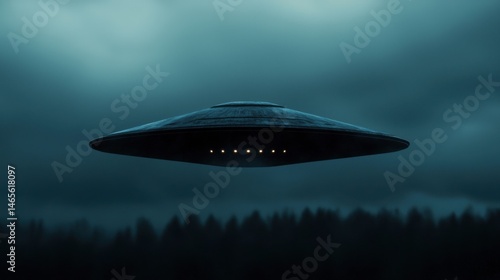 A metallic UFO is seen suspended in the air above a dense forest as dark clouds loom overhead. Lights on the craft emanate a faint glow, creating an eerie ambiance in the twilight