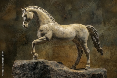A  statuesque equine figure atop a rocky outcrop.