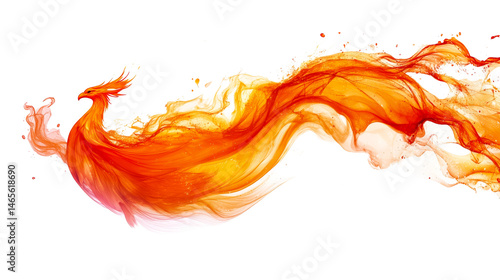 Phoenix bird shape made of flowing orange hues, cut out transparent