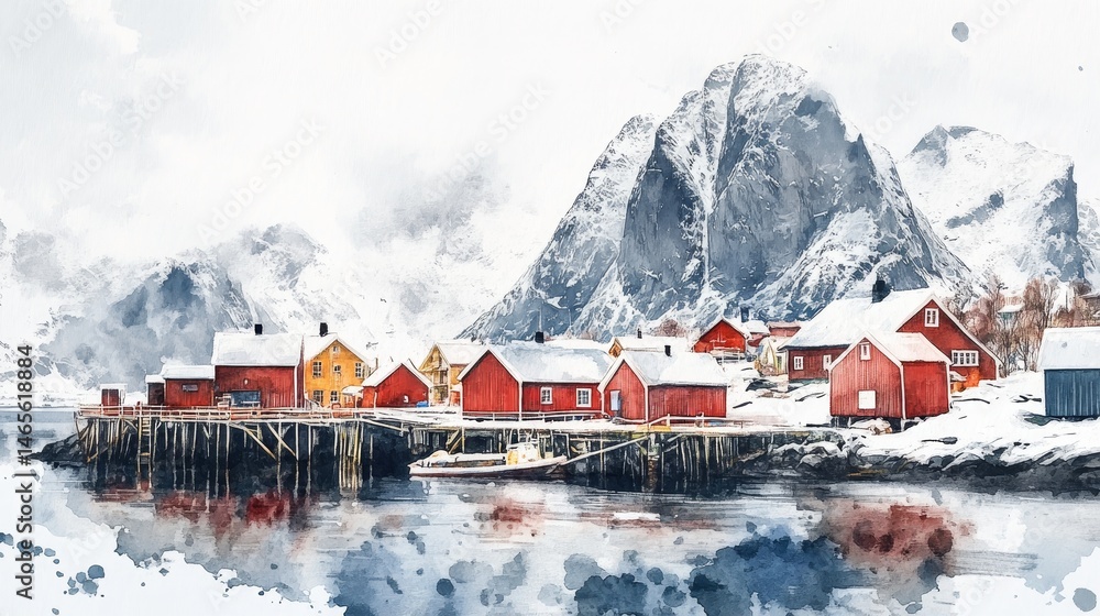 Naklejka premium Winter Village by the Fjord - Scenic watercolor painting of red houses in a snowy winter village nestled by a fjord, mountains in the background