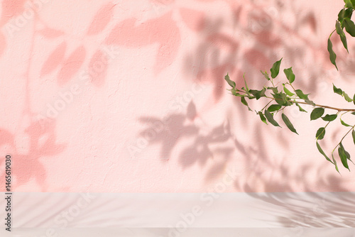 Premium empty podium with shadows on sunny elegant background,Minimal abstract background for cosmetic products presentation,beauty aesthetics,template for design,summer party concept