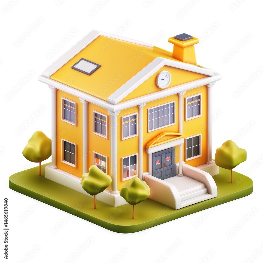 Ornate yellow school building model, isometric perspective. Ornate yellow school building model, isometric perspective.