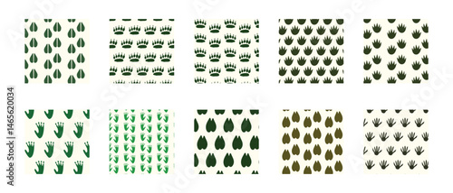 Bundle seamless pattern with sheep, bear, crocodile, gorilla, camel and racoon footprints. Animal footprints seamless pattern collection