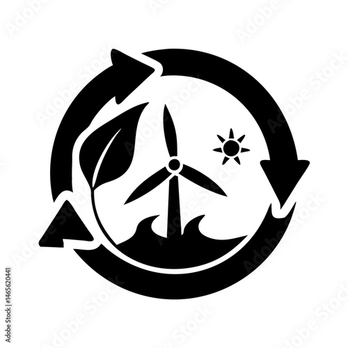 Renewable energy cycle icon featuring wind turbine, sun, leaf and water