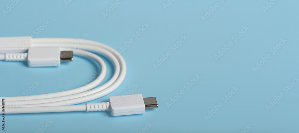 White USB Type-C charging cable on light blue surface with copy space