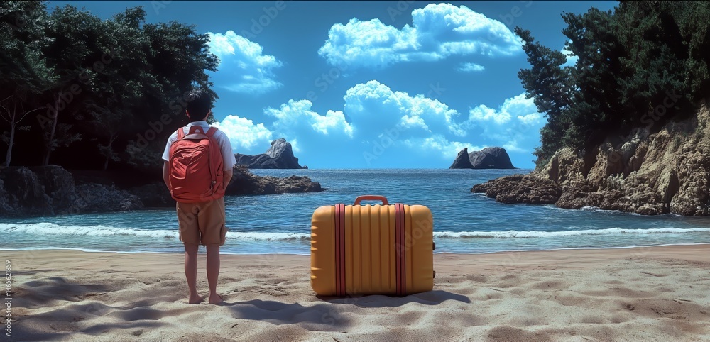Fototapeta premium A young traveler with luggage gazing at a serene coastal view on a sunny day