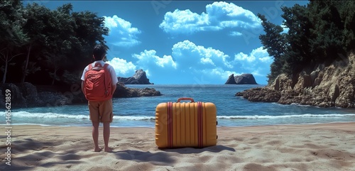 A young traveler with luggage gazing at a serene coastal view on a sunny day