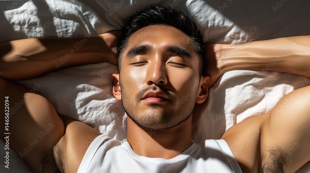 Fototapeta premium Relaxed man sleeping in sunlight with hands behind head resting peacefully on crisp white bedsheet