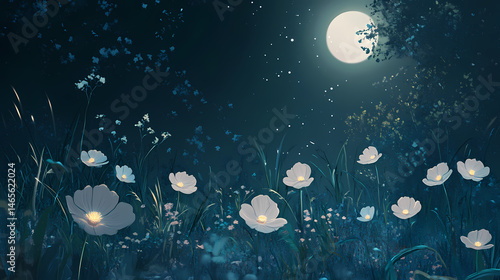 A serene night scene with glowing flowers. moonbeam whispers. illustration. [Solar Echoes] | Whispered Glow | faint brilliance. Illustration