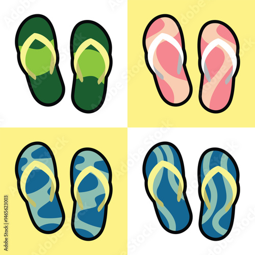 A set of unique pairs of colorful flip-flops, perfect for summer vibes and carefree days	