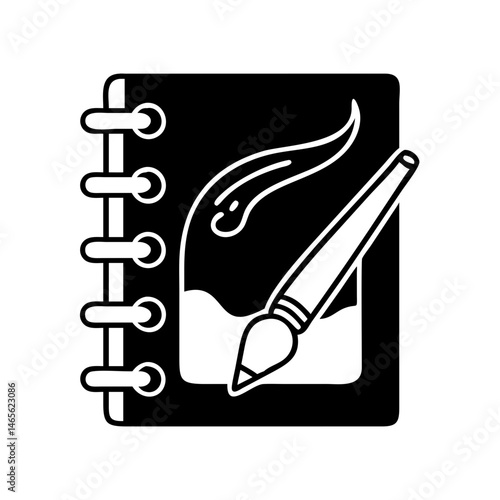 Minimalist illustration of a spiral bound notebook with a painting and brush