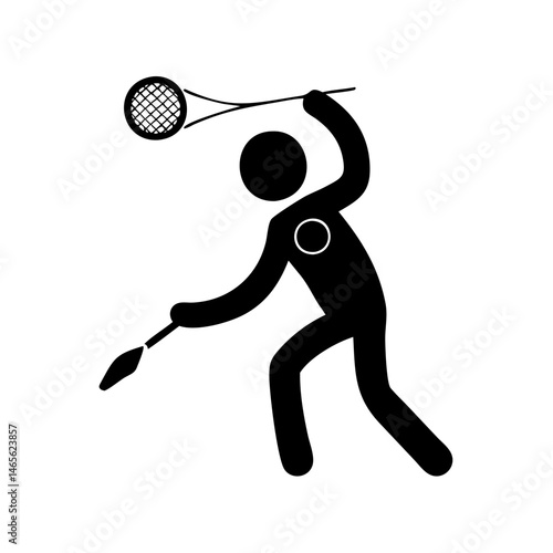 Stylized figure playing a racket sport while holding a spear object