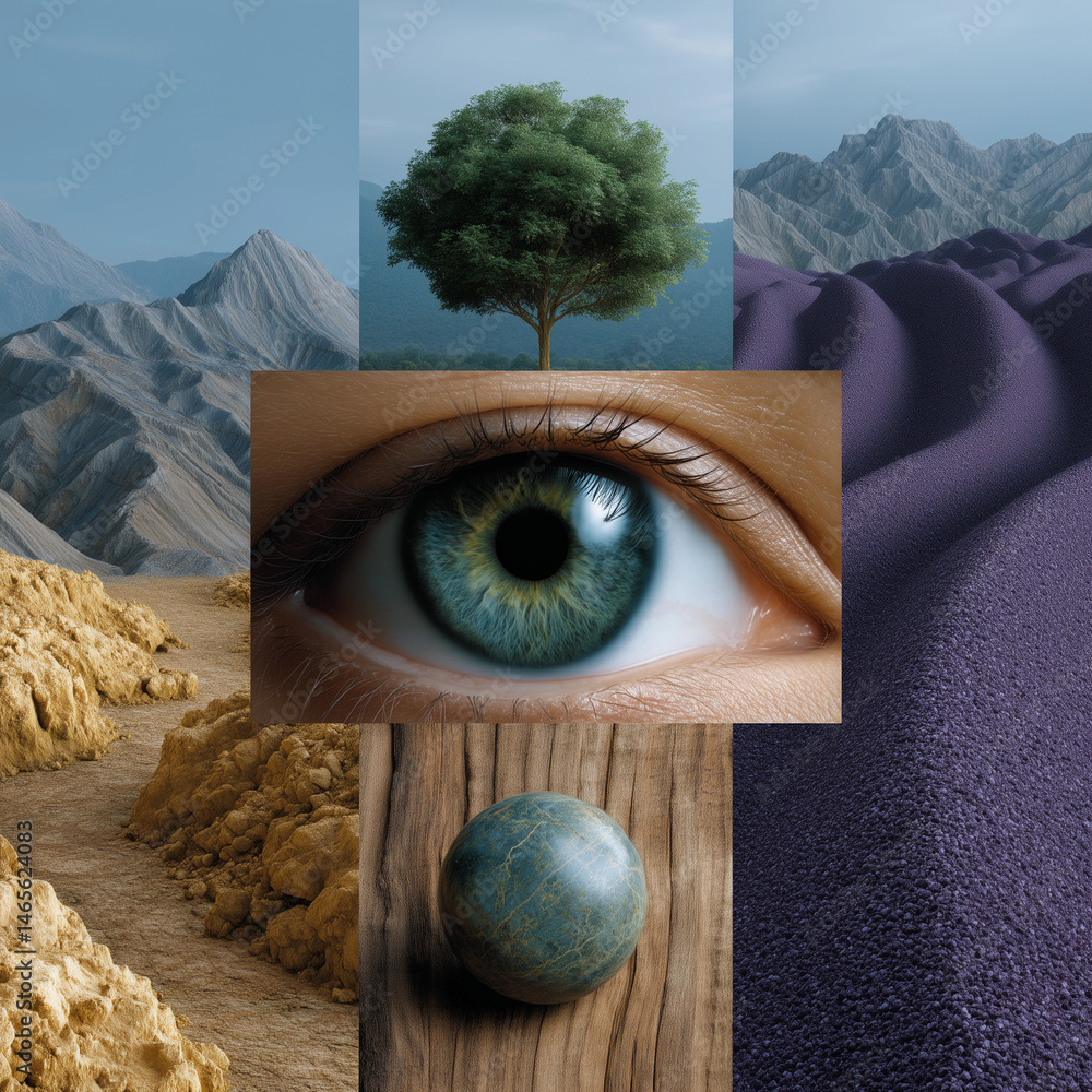 A collage of a mountain, a tree, and a blue eye