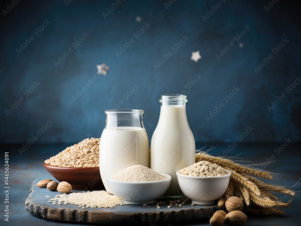 Plant-based milk in glass bottles with grains and nuts on a dark background with place for text
