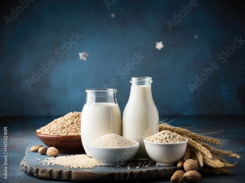 Obraz na płótnie Plant-based milk in glass bottles with grains and nuts on a dark background with place for text w salonie