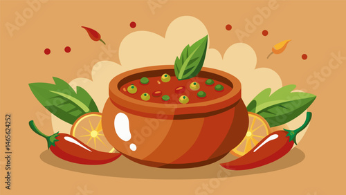 A rustic and chunky salsa featuring plump cherry tomatoes roasted garlic and y serrano peppers.. Vector illustration