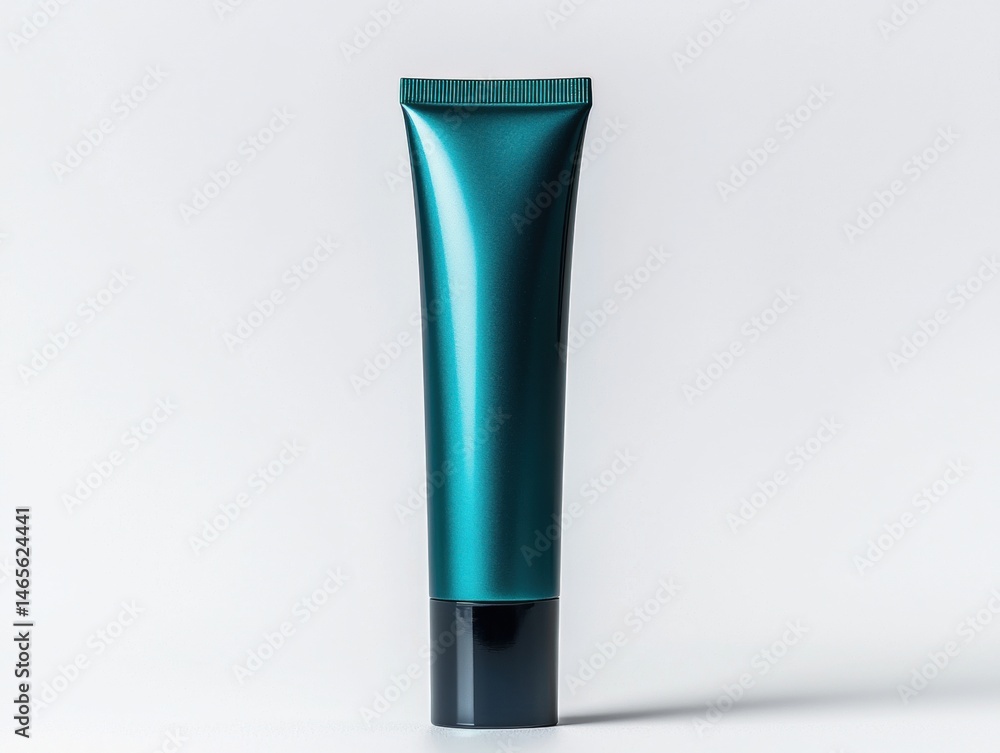 Elegant teal-colored cosmetic tube with black cap showcasing smooth shiny finish and sleek design perfect for skincare or beauty products on white background Elegant teal-colored cosmetic tube with black cap showcasing smooth shiny finish and sleek design perfect for skincare or beauty products on white background