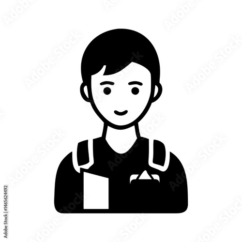 Stylized person icon wearing a uniform with pockets and short hair