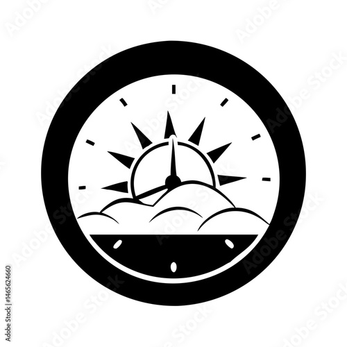 Black and white clock face showing sun and clouds in graphic design