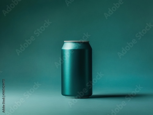 Minimalist teal beverage can on a teal background with shadow, modern eco-friendly container design for drinks, sleek metallic aluminum can for refreshment