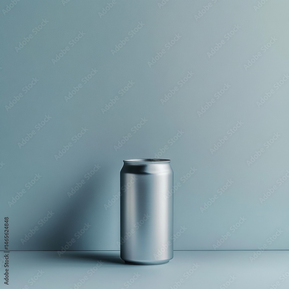 Minimalist Silver Aluminum Beverage Can on Light Blue Background with Soft Shadows and Simple Elegant Composition for Advertising and Product Display Minimalist Silver Aluminum Beverage Can on Light Blue Background with Soft Shadows and Simple Elegant Composition for Advertising and Product Display