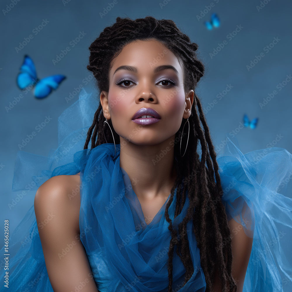 A woman with long dreadlocks is wearing a blue dress and a blue scarf