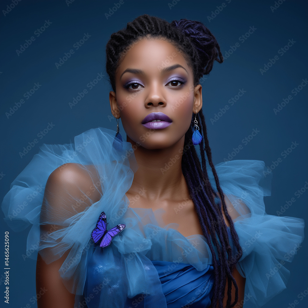 A woman in a blue dress with butterfly earrings and purple lipstick