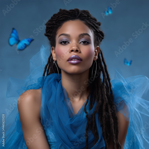 Obraz na płótnie A woman with long dreadlocks is wearing a blue dress and a blue scarf w salonie