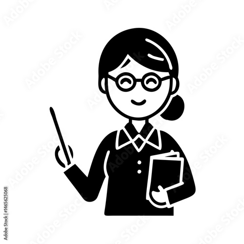 Illustration of a woman with glasses holding a pointer and books