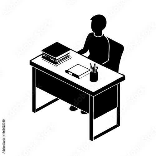 Silhouette of a Person Sitting at a Desk with Books and Pens