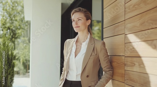 Professional woman standing outside modern building off into distance wearing tailored jacket