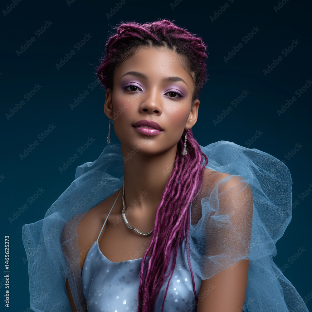 A woman with purple hair and blue clothing poses for a photo