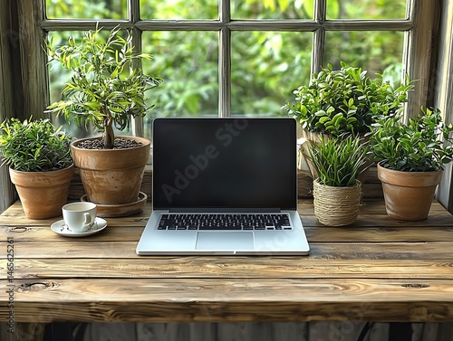 Laptop & plants on rustic windowsill