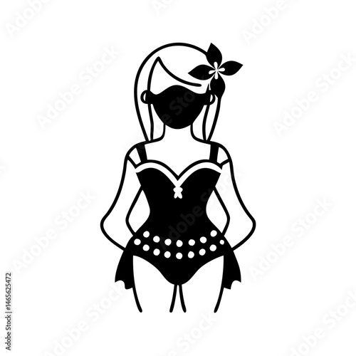 Silhouette of a woman in a vintage swimsuit and flower in hair