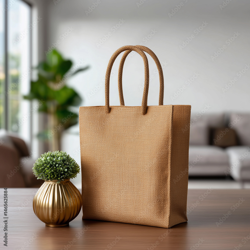 A brown bag with a gold vase on a table