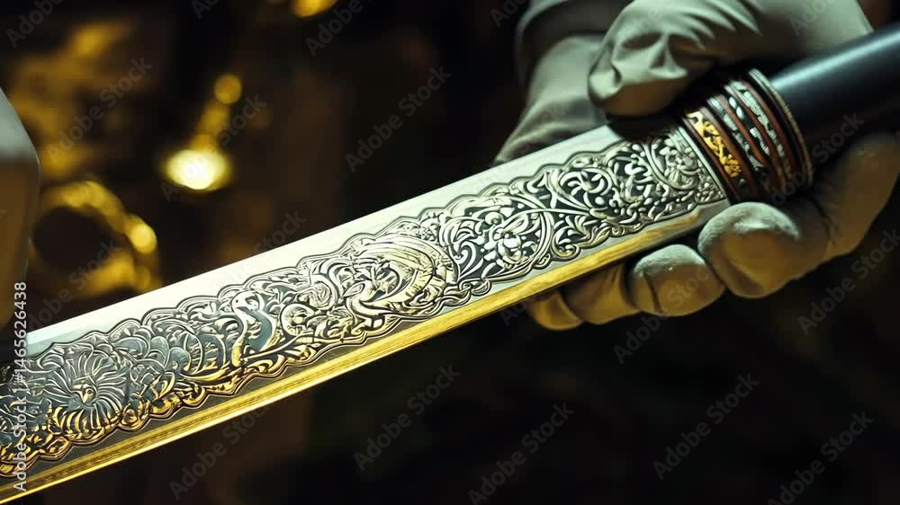 Collector cleaning a rare samurai sword, intricate engravings and hilt details illuminated under focused light. Collector cleaning a rare samurai sword, intricate engravings and hilt details illuminated under focused light.