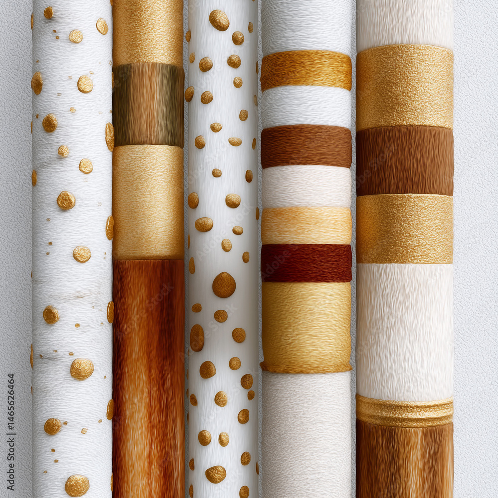 A row of embroidered fabric with gold and white colors