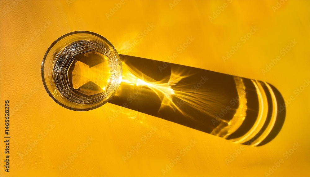 a glass of water with sunlight casting a long shadow on a vibrant yellow surface a glass of water with sunlight casting a long shadow on a vibrant yellow surface