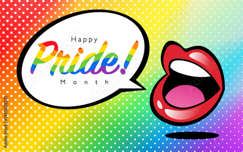 Pride Month in Pop Art Style Templates Horizontal Poster with Lips Speech Bubble on Halftone Rainbow Background. Vector Concept Illustration for Pride.