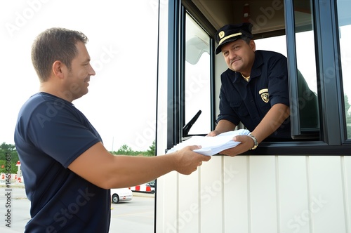 Truck driver presenting shipping documents to customs official at land border crossing booth