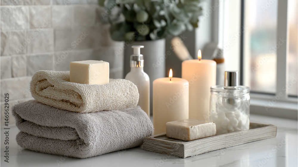 Relaxing bathroom scene featuring candles, towels, soap, and a peaceful atmosphere perfect for unwinding. Relaxing bathroom scene featuring candles, towels, soap, and a peaceful atmosphere perfect for unwinding.