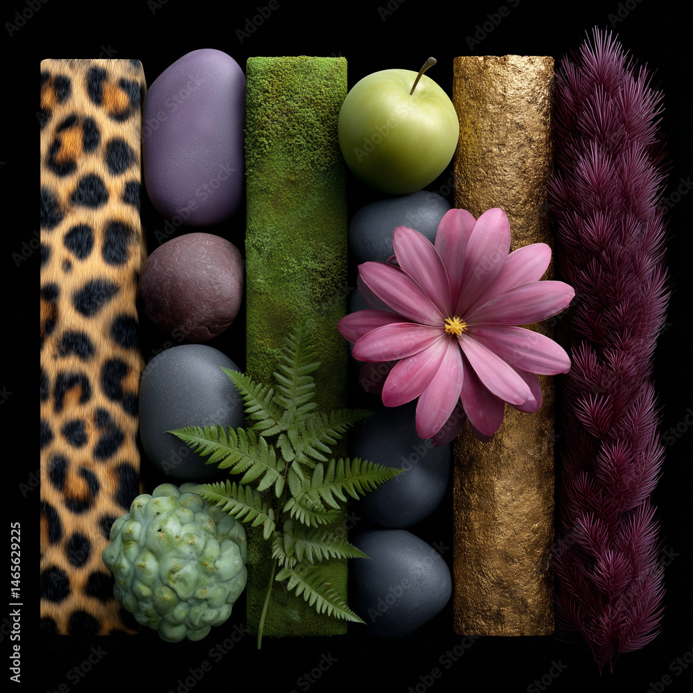 A collection of natural elements including rocks, flowers