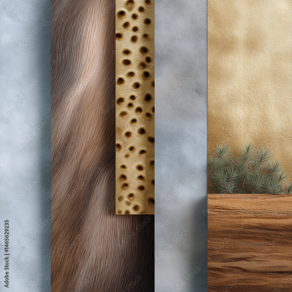 A variety of textures, including wood, stone, and a plant
